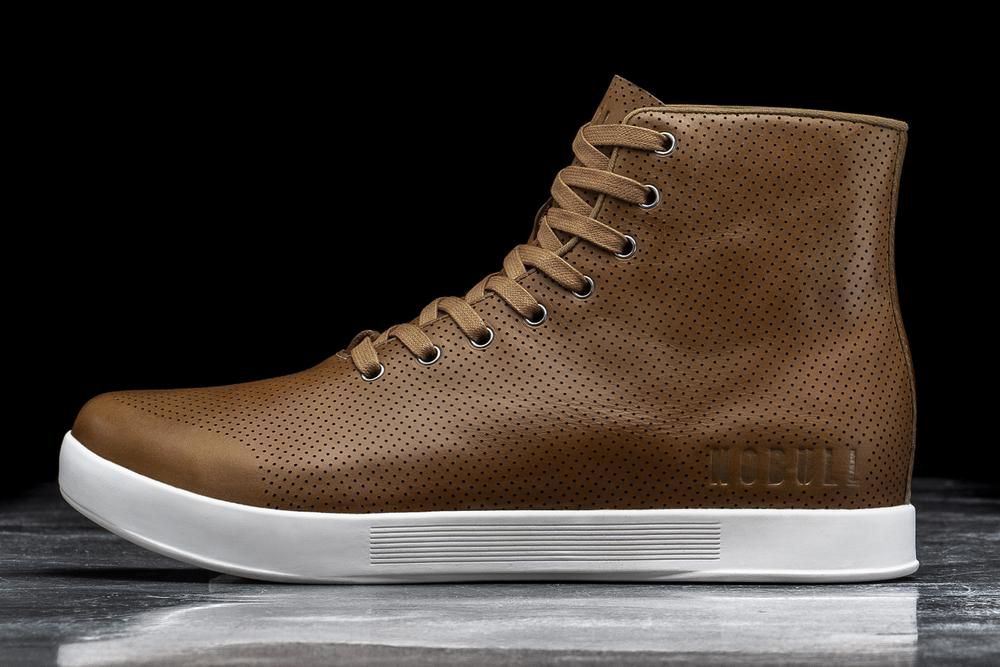 NOBULL Men's High-Top Chestnut Leather Training Shoes - Brown/White - Ireland (0692LIRCZ)